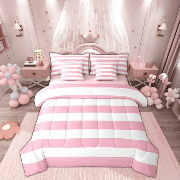 Feelyou White Pink Stripes Bedding Comforter Set 7pcs, Chic Geometric King Bedding Sets, Abstract Ombre Reversible Bed Sheets, Lightweight Room Decor