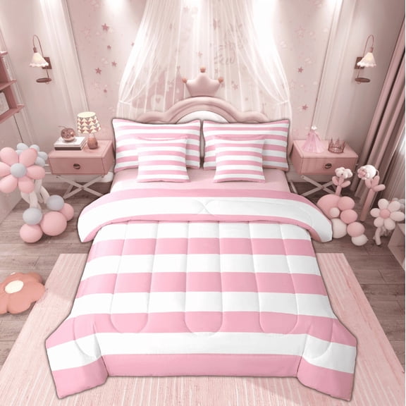 Feelyou White Pink Stripes Bedding Comforter Set 7pcs, Chic Geometric Queen Bedding Sets, Abstract Ombre Reversible Queen Sheet Sets, Lightweight Room Decor