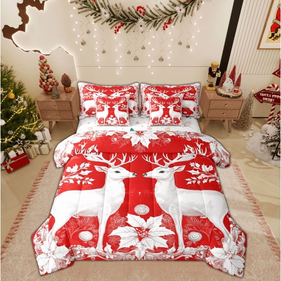 Feelyou White Reindeer Twin Bedding Sets 7-Piece, Xmas Poinsettia Flower Bedding Comforter Set, Merry Christmas Reversible Sheet Sets, Ultra Soft Home Decor