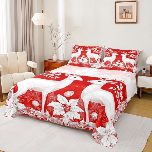 Feelyou White Reindeer Twin Sheet Sets, Xmas Poinsettia Flower Twin Fitted Sheet, Merry Christmas Flat Sheet, Ultra Soft Home Decor, 3pcs