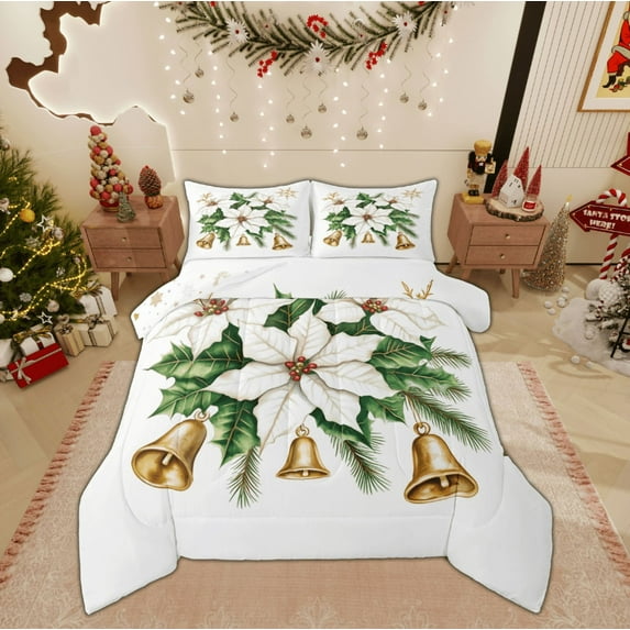 Feelyou White Rustic Floral Full Size Comforter Sets, Gold Christmas Bell Bedding Comforter Set, Vintage Festival Reversible Bedding Sets, Breathable Home Decor,3 Pieces