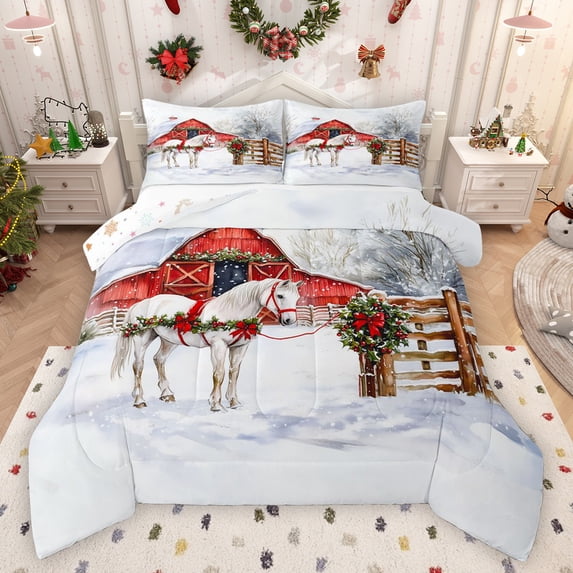 Feelyou White Western Horse Full Size Comforter Sets, Vintage Rustic Cabin Bedding Comforter Set, Christmas Poinsettia Plant Reversible Bedding Sets, Super Cozy Room Decor, 3pcs
