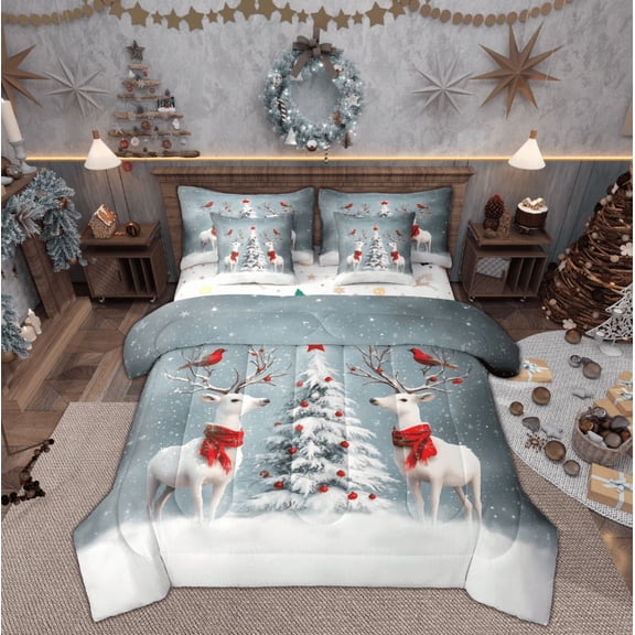 Feelyou White Xmas Reindeer Twin Bedding Sets 7-Piece, Red Dots Tree Bedding Comforter Set, Merry Christmas Reversible Sheet Sets, Lightweight Room Decor