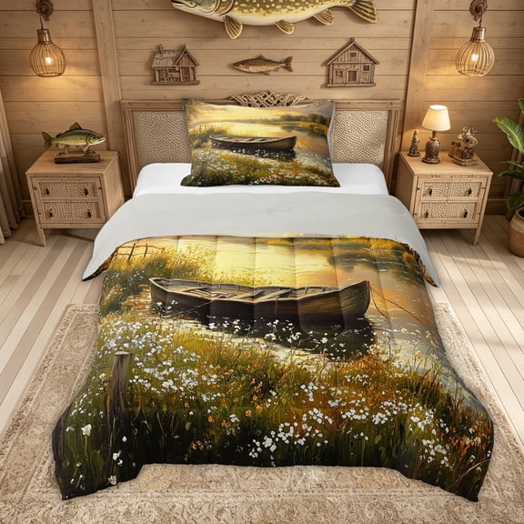 Feelyou Wildflower Boat Twin Comforter Sets for Men Women, Forest Lake Country Outdoor Nature Bedding Set, Gold Yellow, Grey Reversible, 2pcs
