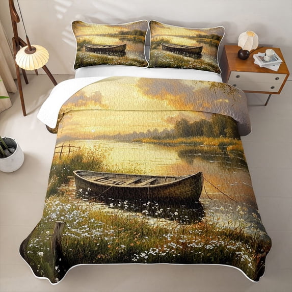 Feelyou Wildflower Boat Twin Quilt Set for Men Women, Forest Lake Country Outdoor Nature Twin Coverlet Set, Gold Yellow, 2pcs