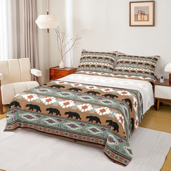 Feelyou Wildlife Bear Animal Bed Sheets, Western Boho Aztec King Sheets, Brown Green Abstract Sheet Set, Luxury Bedroom Decor, 4-Piece
