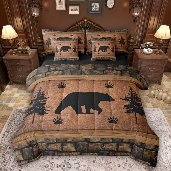 Feelyou Wildlife Bear Bedding Comforter Set 7pcs, Brown Rustic Cabin Queen Bedding Sets