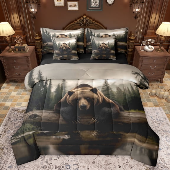 Feelyou Wildlife Bear Print Bedding Comforter Set 7pcs, Pine Tree Botanical King Bedding Sets, Rustic Animal Theme Reversible Bed Sheets, Microfiber Bedroom Decor