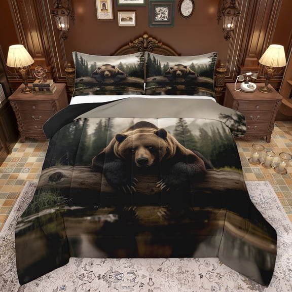 Feelyou Wildlife Bear Print Full Size Comforter Sets, Pine Tree Botanical Bedding Comforter Set, Rustic Animal Theme Reversible Bedding Sets, Microfiber Bedroom Decor, 3 Pieces