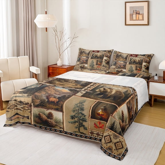 Feelyou Wildlife Bear Print Queen Sheet Sets, Jungle Moose Deer Animal Flat Sheet, Rustic Lake House Queen Fitted Sheet, Ultra Soft Bedroom Decor, 4 Pieces