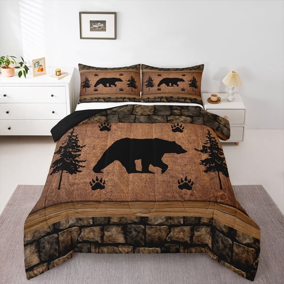 Feelyou Wildlife Bear Teen Twin Comforter Sets, Brown Rustic Cabin Bedding Set, 2 Pieces