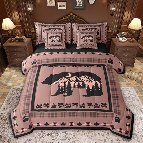 Feelyou Wildlife Bear Teens Bedding Comforter Set 7pcs, Rustic Farmhouse Cabin King Bedding Sets, Western Hippie Aztec Reversible Bed Sheets, Breathable Home Decor