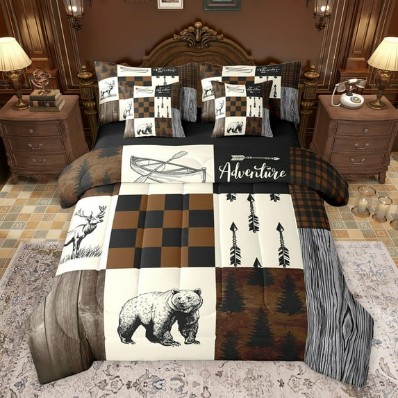 Feelyou Wildlife Bear Teens Bedding Comforter Set 7pcs, Vintage Buffalo Plaid Queen Bedding Sets, Rustic Farmhouse Theme Reversible Queen Sheet Sets, Luxury Bedroom Decor