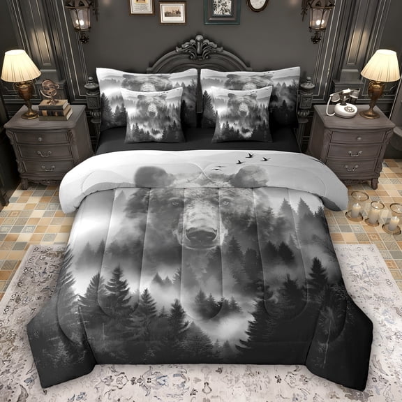 Feelyou Wildlife Bear Twin Bedding Sets 7pcs, Rustic Nature Scenery Bedding Comforter Set