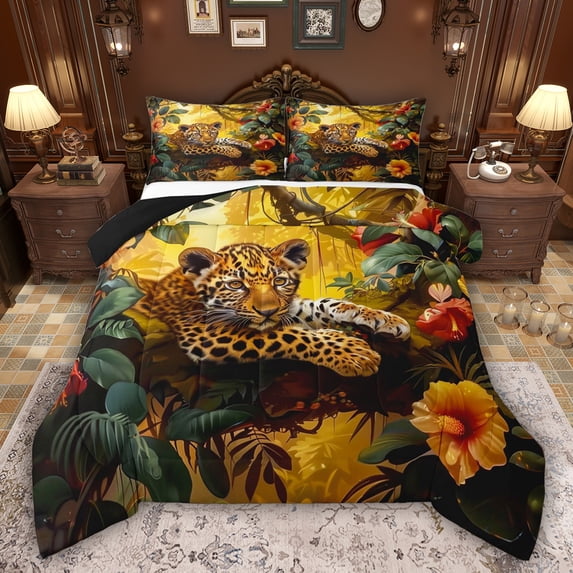 Feelyou Wildlife Cheetah Full Size Comforter Sets, Tropic Palm Flower Bedding Sets, 3pcs