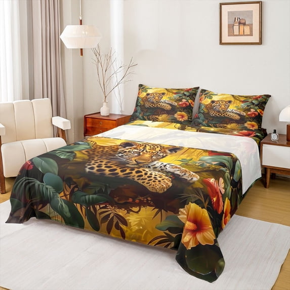 Feelyou Wildlife Cheetah Teens Bed Sheets, Tropic Palm Flower King Sheets, 4pcs
