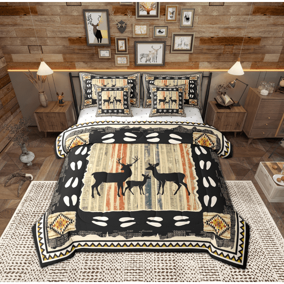 Feelyou Wildlife Deer Kids Bedding Comforter Set 7-Piece, Vintage Western Lake House King Bedding Sets, Tribal Aztec Triangle Bed Sheets, Breathable Home Decor