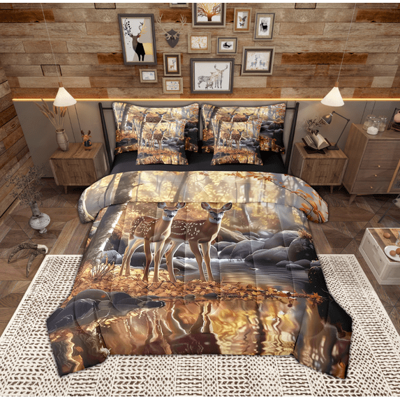Feelyou Wildlife Deer Kids Bedding Comforter Set 7 Pieces, Vintage Western Lake House Full Bedding Set, Rustic Farmhouse Animal Reversible Fitted Sheet Flat Sheet, Ultra Soft Home Decor