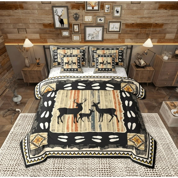 Feelyou Wildlife Deer Kids Bedding Comforter Set 7pcs, Vintage Western Lake House Queen Bedding Sets, Tribal Aztec Triangle Queen Sheet Sets, Breathable Home Decor