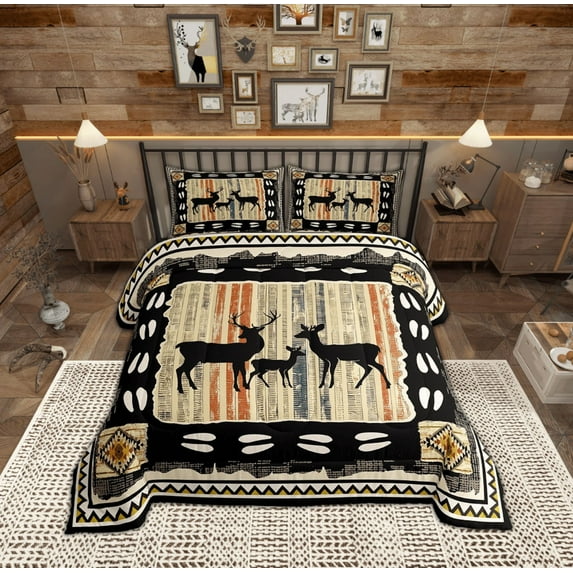 Feelyou Wildlife Deer Kids Queen Comforter Set, Vintage Western Lake House Bedding Sets, Tribal Aztec Triangle Bedding Comforter Set, Breathable Home Decor, 3-Piece