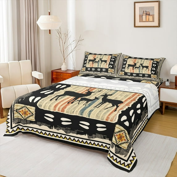 Feelyou Wildlife Deer Kids Queen Sheet Sets, Vintage Western Lake House Flat Sheet, Tribal Aztec Triangle Queen Fitted Sheet, Breathable Home Decor, 4-Piece