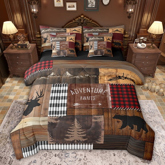 Feelyou Wildlife Deer Moose Bedding Comforter Set 7pcs, Jungle Animals Bear Queen Bedding Sets, Rustic Adventure Camping Reversible Queen Sheet Sets, Breathable Home Decor