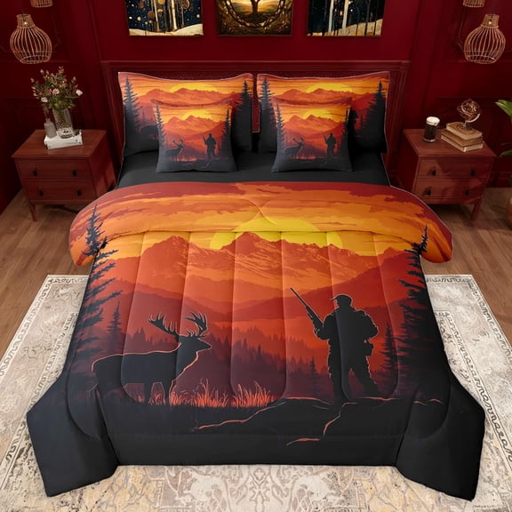 Feelyou Wildlife Deer Moose Bedding Comforter Set 7pcs, Rustic Man King Bedding Sets, Rustic Hunting Theme Reversible Bed Sheets, Microfiber Bedroom Decor