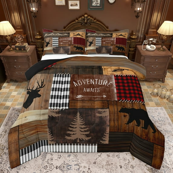 Feelyou Wildlife Deer Moose Bedding Comforter Set, Jungle Animals Bear Twin Comforter Sets, Rustic Adventure Camping Reversible Bedding Set, Breathable Home Decor, 2-Piece