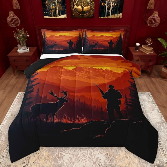 Feelyou Wildlife Deer Moose Full Size Comforter Sets, Rustic Man Bedding Comforter Set, Rustic Hunting Theme Reversible Bedding Sets, Microfiber Bedroom Decor, 3pcs