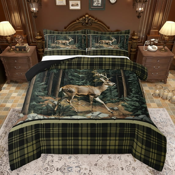 Feelyou Wildlife Deer Moose Men Bedding Comforter Set, Vintage Green Buffalo Twin Comforter Sets, Rustic Farmhouse Tree Reversible Bedding Set, Breathable Home Decor, 2-Piece