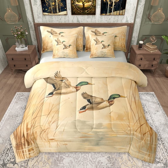 Feelyou Wildlife Duck Teens Bedding Comforter Set 7pcs, Rustic Animal Hunting Queen Bedding Sets, Farmhouse Theme Reversible Queen Sheet Sets, Lightweight Room Decor