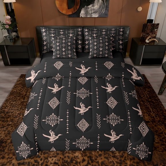 Feelyou Wildlife Duck Twin Bedding Sets 7pcs, Damask Aztec Triangle Bedding Comforter Set