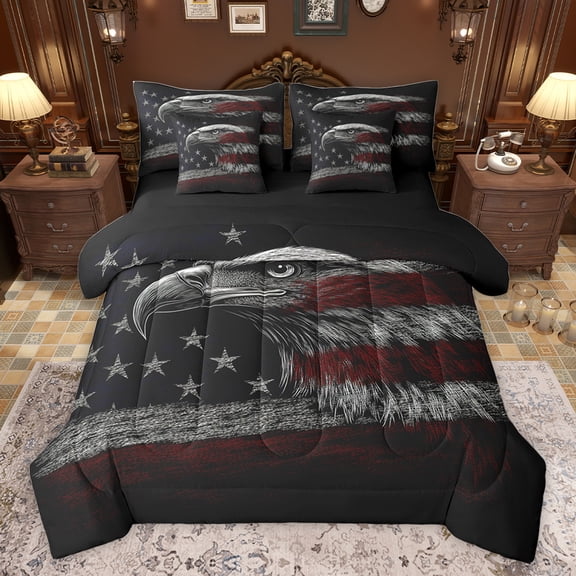 Feelyou Wildlife Eagle Boys Bedding Comforter Set 7pcs, Vintage American Flag King Bedding Sets, Rustic Farmhouse Hunting Reversible Bed Sheets, Ultra Soft Bedroom Decor
