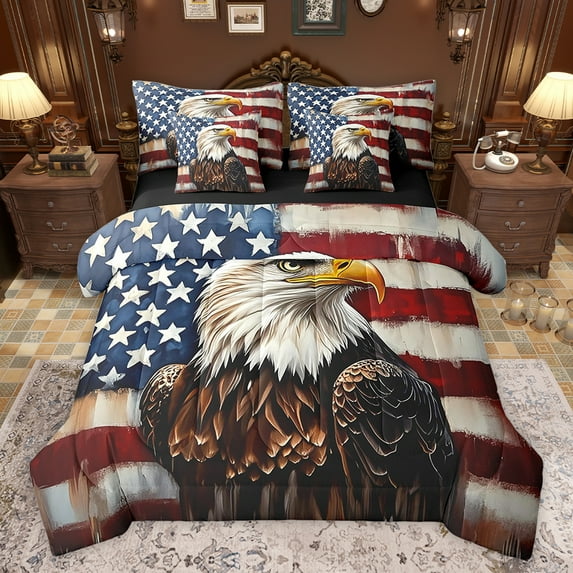 Feelyou Wildlife Eagle Boys Bedding Comforter Set 7pcs, Vintage American Flag Queen Bedding Sets, Rustic Farmhouse Hunting Reversible Queen Sheet Sets, Lightweight Room Decor