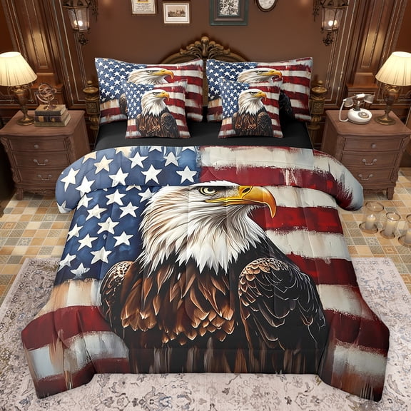 Feelyou Wildlife Eagle Boys Bedding Comforter Set 7pcs, Vintage American Flag Queen Bedding Sets, Rustic Farmhouse Hunting Reversible Queen Sheet Sets, Lightweight Room Decor