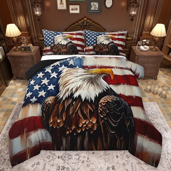 Feelyou Wildlife Eagle Boys Queen Comforter Set, Vintage American Flag Bedding Sets, Rustic Farmhouse Hunting Reversible Bedding Comforter Set, Lightweight Room Decor, 3pcs