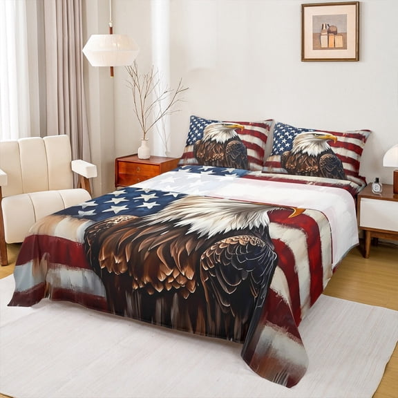 Feelyou Wildlife Eagle Boys Twin Sheet Sets, Vintage American Flag Twin Fitted Sheet, Rustic Farmhouse Hunting Flat Sheet, Lightweight Room Decor, 3pcs