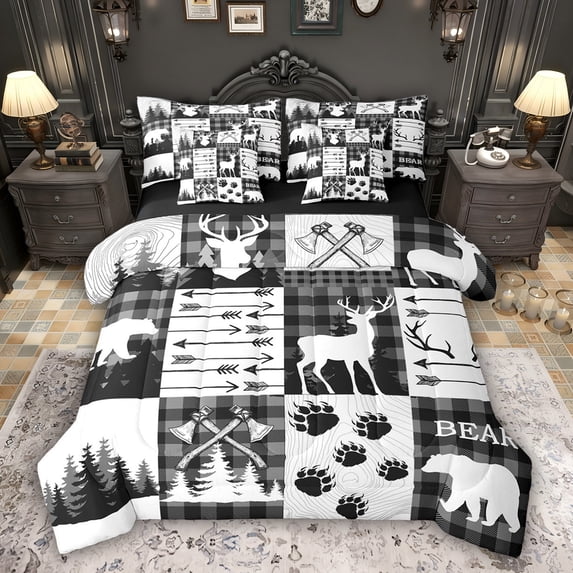 Feelyou Wildlife Elk Deer Bedding Comforter Set 7pcs, Grey Buffalo Plaid King Bedding Sets