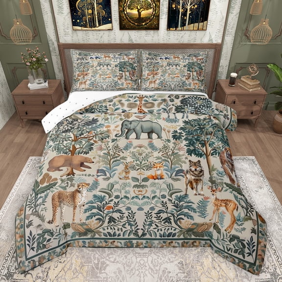 Feelyou Wildlife Leopard Wolf Bedding Comforter Set, Hippie Jungle Animal Twin Comforter Sets, Bohemian Tree Plant Reversible Bedding Set, Microfiber Bedroom Decor, 2pcs
