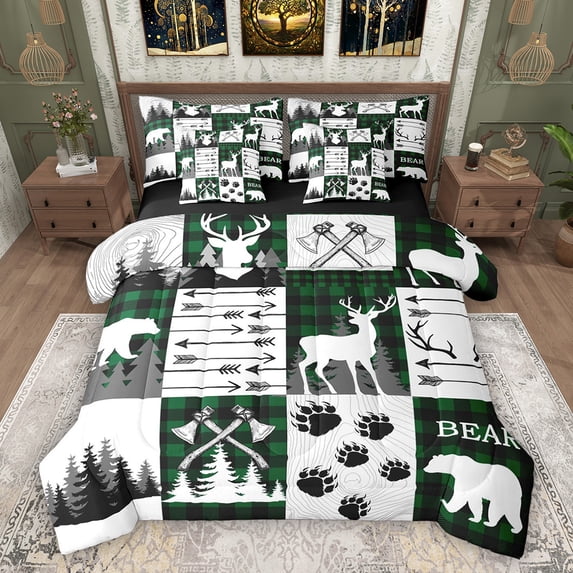 Feelyou Wildlife Moose Deer Bedding Comforter Set 7pcs, Green Buffalo Full Bedding Set
