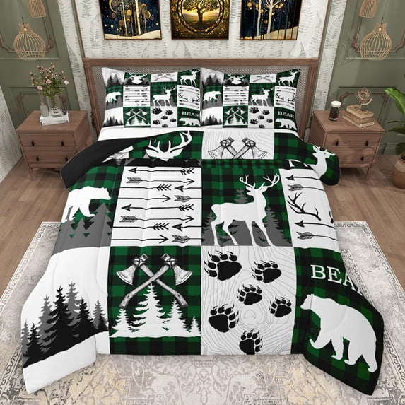 Feelyou Wildlife Moose Deer Queen Comforter Set, Green Buffalo Bedding Comforter Set, 3pcs