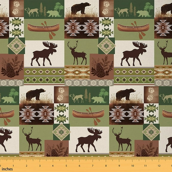Feelyou Wildlife Moose Fabric by the Yard 10 Yards for Teens, Farmhouse Bear Room Decor Fabric by the Yard, Rustic Geometric Theme Fabric for Sewing, Lightweight Room Decor