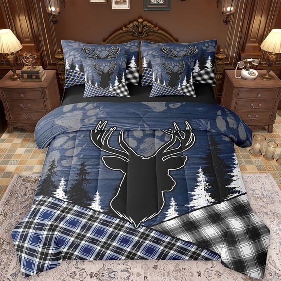Feelyou Wildlife Reindeer Moose Bedding Comforter Set 7pcs, Checkered Buffalo Plaid Queen Bedding Sets, Navy Vintage Farmhouse Reversible Queen Sheet Sets, Breathable Home Decor