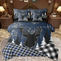 Feelyou Wildlife Reindeer Moose Twin Bedding Sets 7-Piece, Checkered Buffalo Plaid Bedding Comforter Set, Navy Vintage Farmhouse Reversible Sheet Sets, Breathable Home Decor