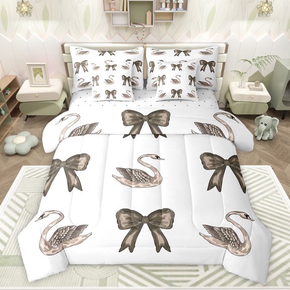 Feelyou Wildlife Swan Bedding Comforter Set 7 Pieces, Princess Bowknot Full Bedding Set