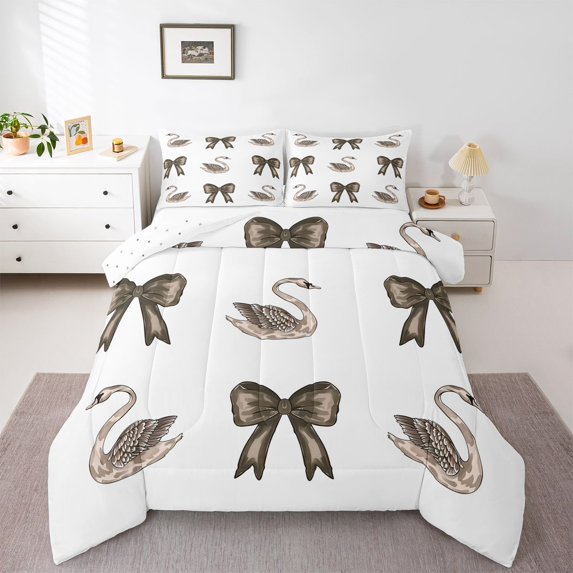 Feelyou Wildlife Swan Teen Twin Comforter Sets, Princess Bowknot Bedding Set, 2-Piece