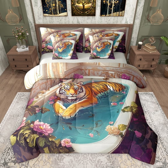 Feelyou Wildlife Tiger Child Bedding Comforter Set 7pcs, Cute Cartoon Animal Queen Bedding Sets, Summer Flower Floral Reversible Queen Sheet Sets, Microfiber Bedroom Decor