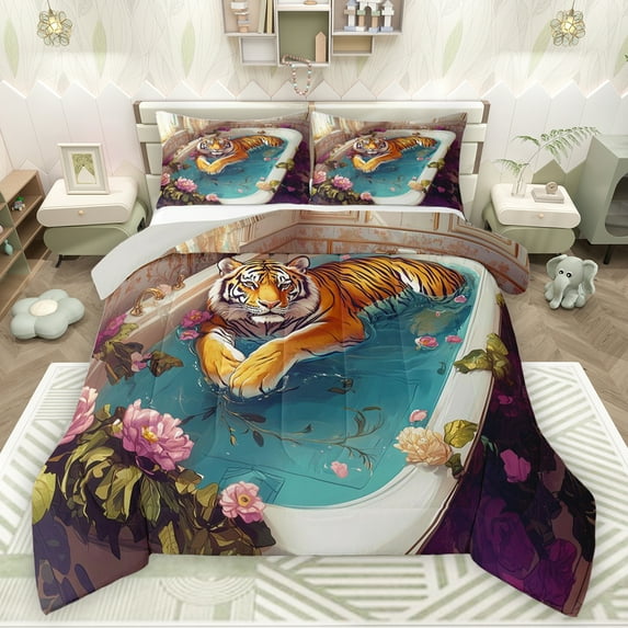 Feelyou Wildlife Tiger Child Bedding Comforter Set, Cute Cartoon Animal Twin Comforter Sets, Summer Flower Floral Reversible Bedding Set, Microfiber Bedroom Decor, 2-Piece