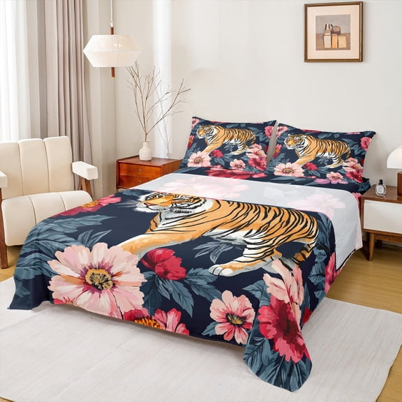 Feelyou Wildlife Tiger Full Size Sheets for Kid, Vintage Groovy Flower Bed Sheets, Jungle Animal Sheet Sets, Ultra Soft Home Decor, 4pcs