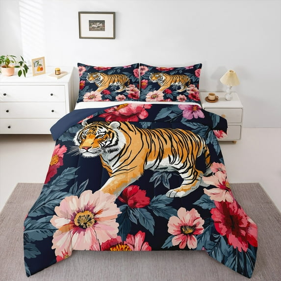 Feelyou Wildlife Tiger Queen Comforter Set for Kid, Vintage Groovy Flower Bedding Sets, Jungle Animal Reversible Bedding Comforter Set, Ultra Soft Home Decor, 3pcs